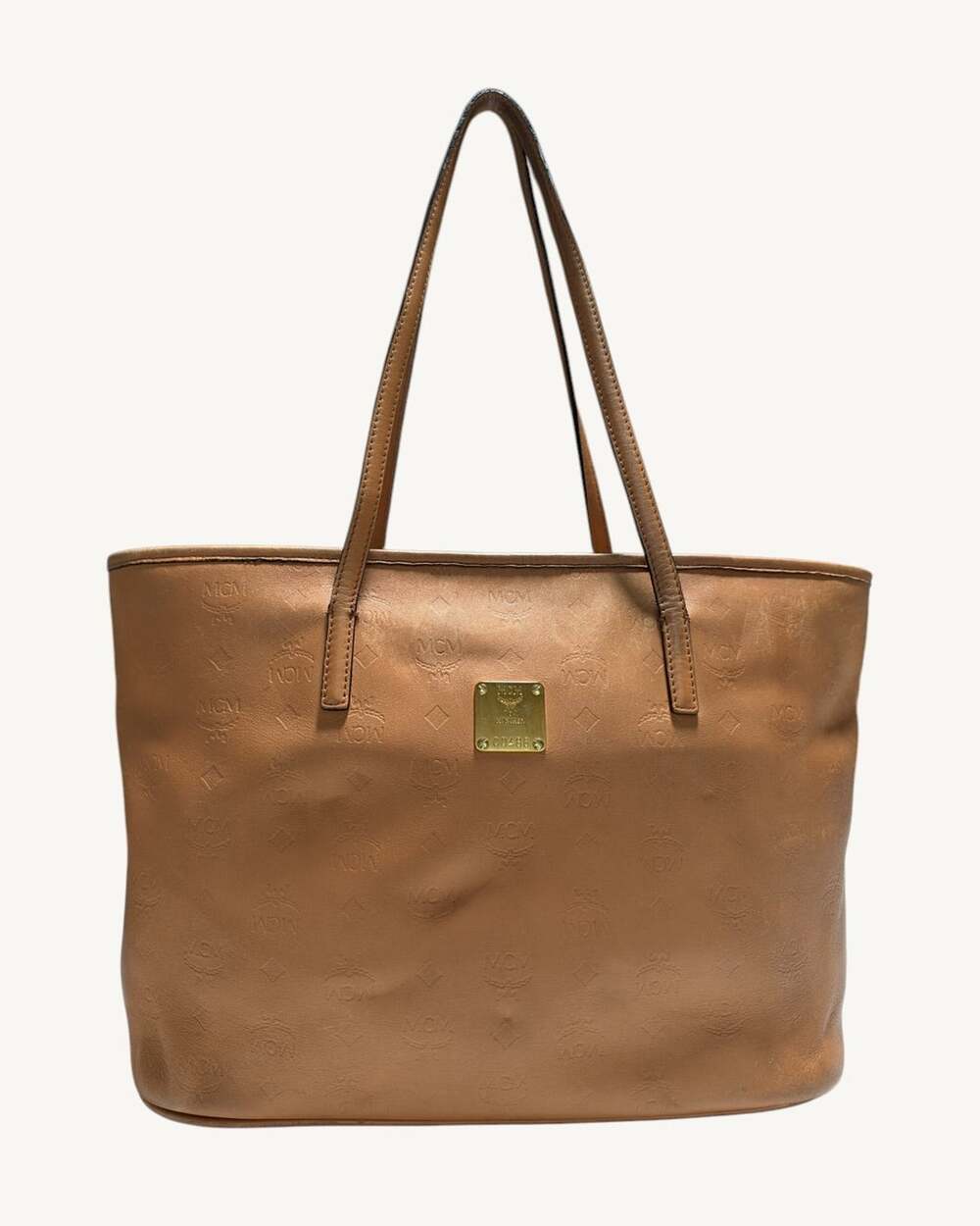 MCM Cognac Brown Embossed Leather Top Zip Shopper Shoulder Tote Bag